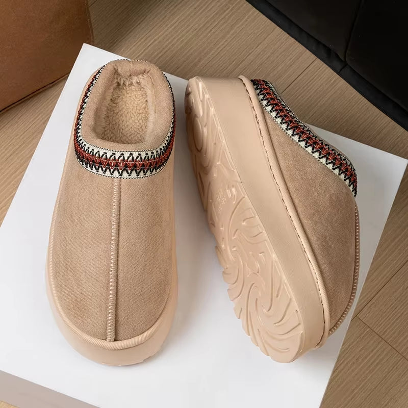 Hot Winter Women Slippers Plush Interior anti Slip Thick Sole Fashion Embroidered Warm House Shoes for Ladies